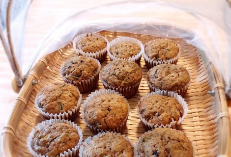 Zucchini muffins with crystallized ginger and chocolate chips