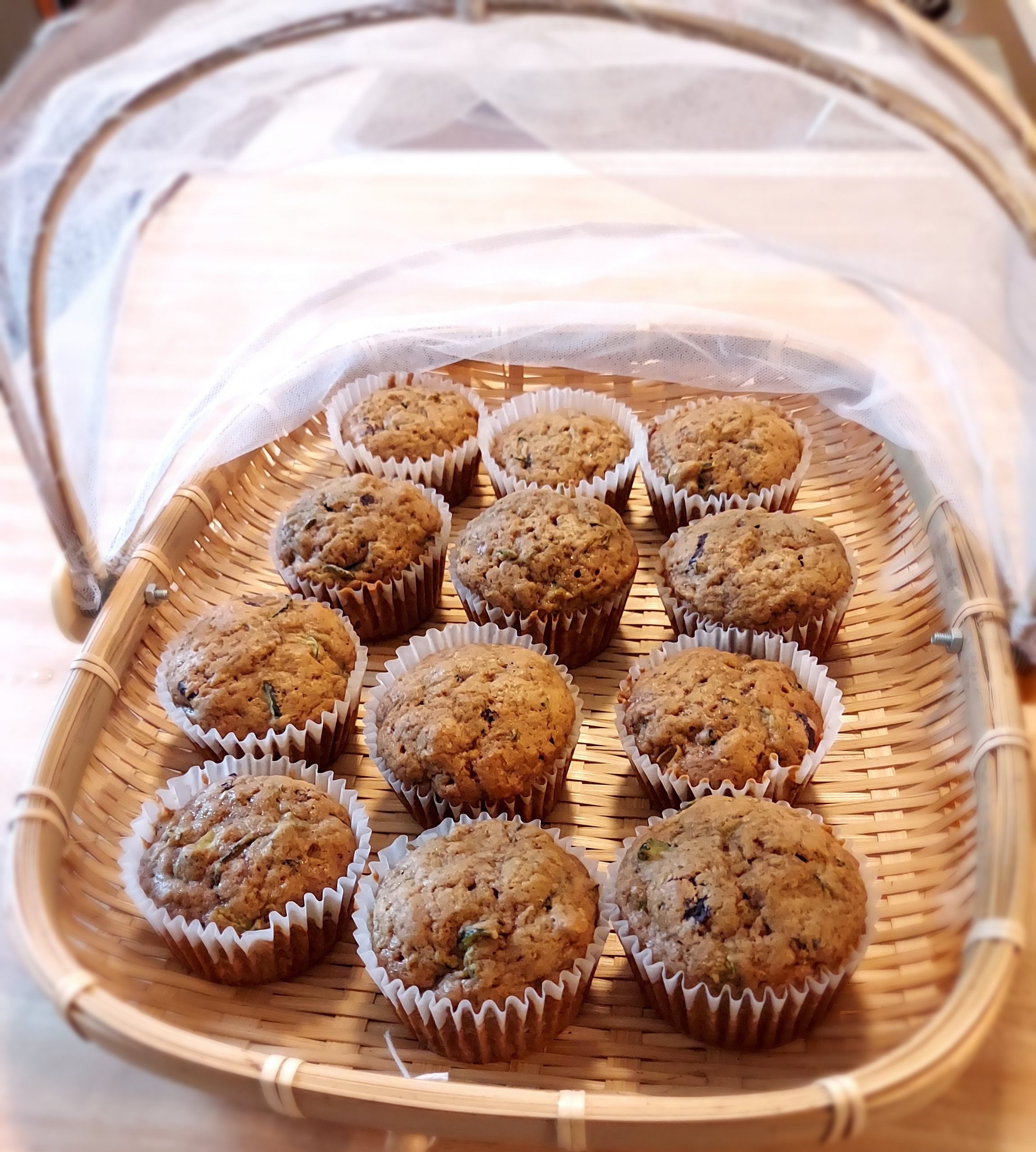 Zucchini muffins with crystallized ginger and chocolate chips
